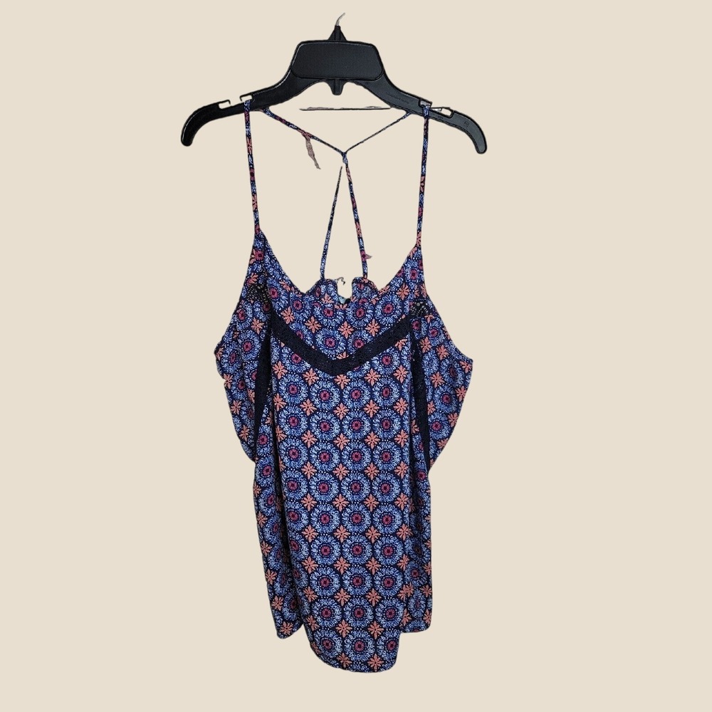 Maurices Cami Tank Top Boho Chic Lace Trim Strappy Back Geometric Floral Blue XL